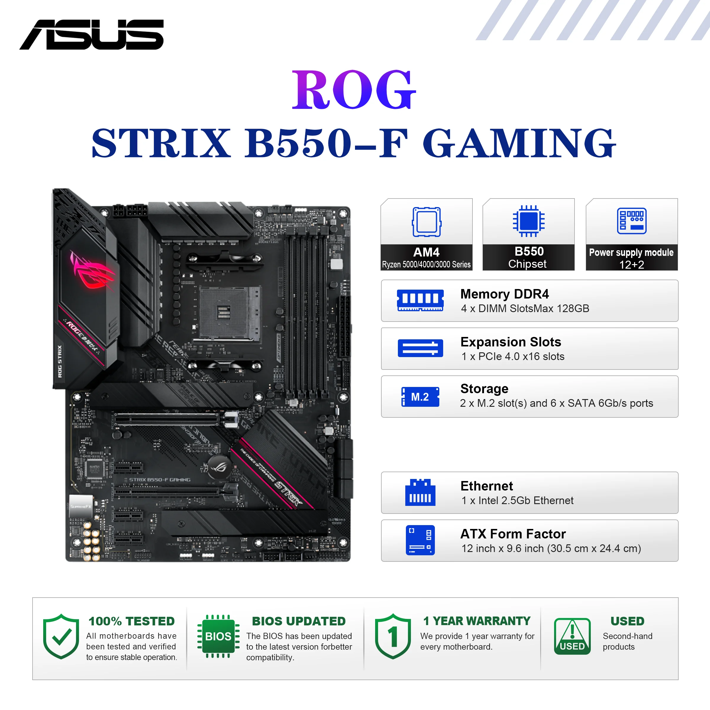 ASUS ROG STRIX B550-F Placa base para juegos Socket AM4 CPU DDR4 4400(O.C) Chipset de memoria B550 ATX Placa base