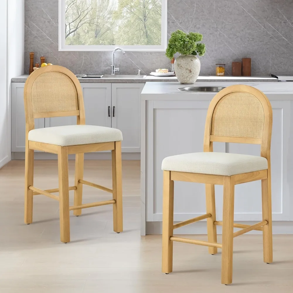 

Rattan Counter Height Bar Stools Set Of 2, Upholstered Farmhouse Barstools With Natural Rattan Back, Wooden Legs For Kitchen