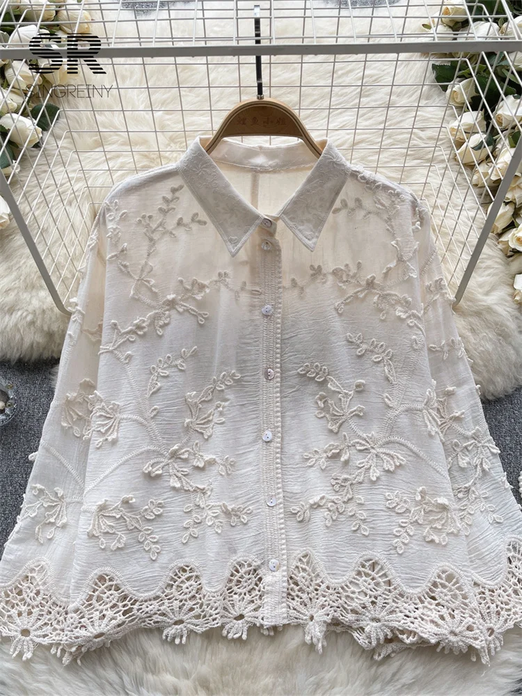 BabYoung Embroidery Loose Shirt Women Elegant Retro Solid Lapel Long Sleeve High Quality Ladies Summer Fashion Court Blouse