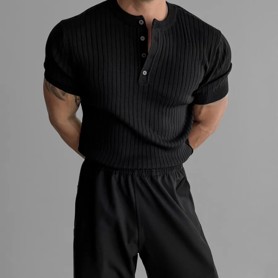 Henry Collar Short-sleeved Knitted T-shirt Men's Button Thread Business Slim Tees Summer Fitness Cool Ice Silk T-Shirts