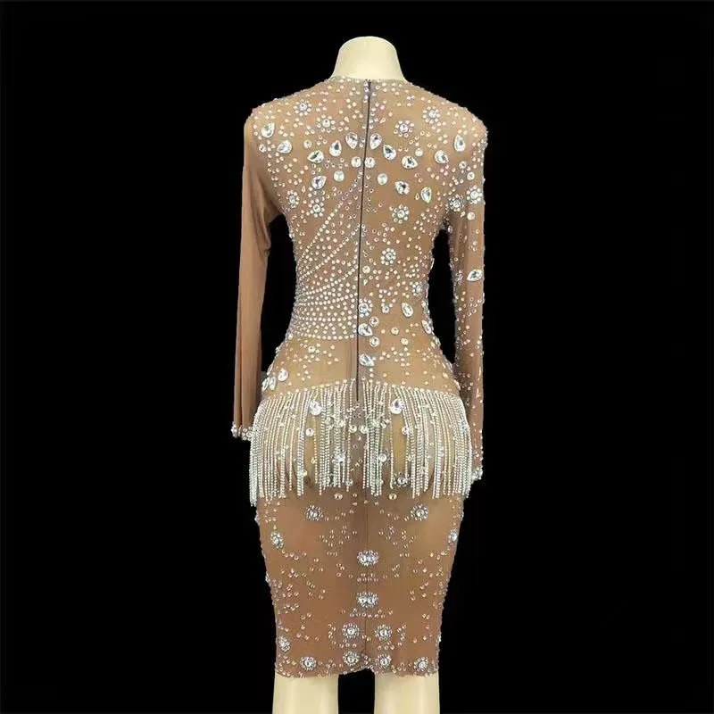 Customized Sleeveless Feather Streaking lace  High Elastic Sequins Sexy Tight Dress Birthday Party  Dress Performance Dress