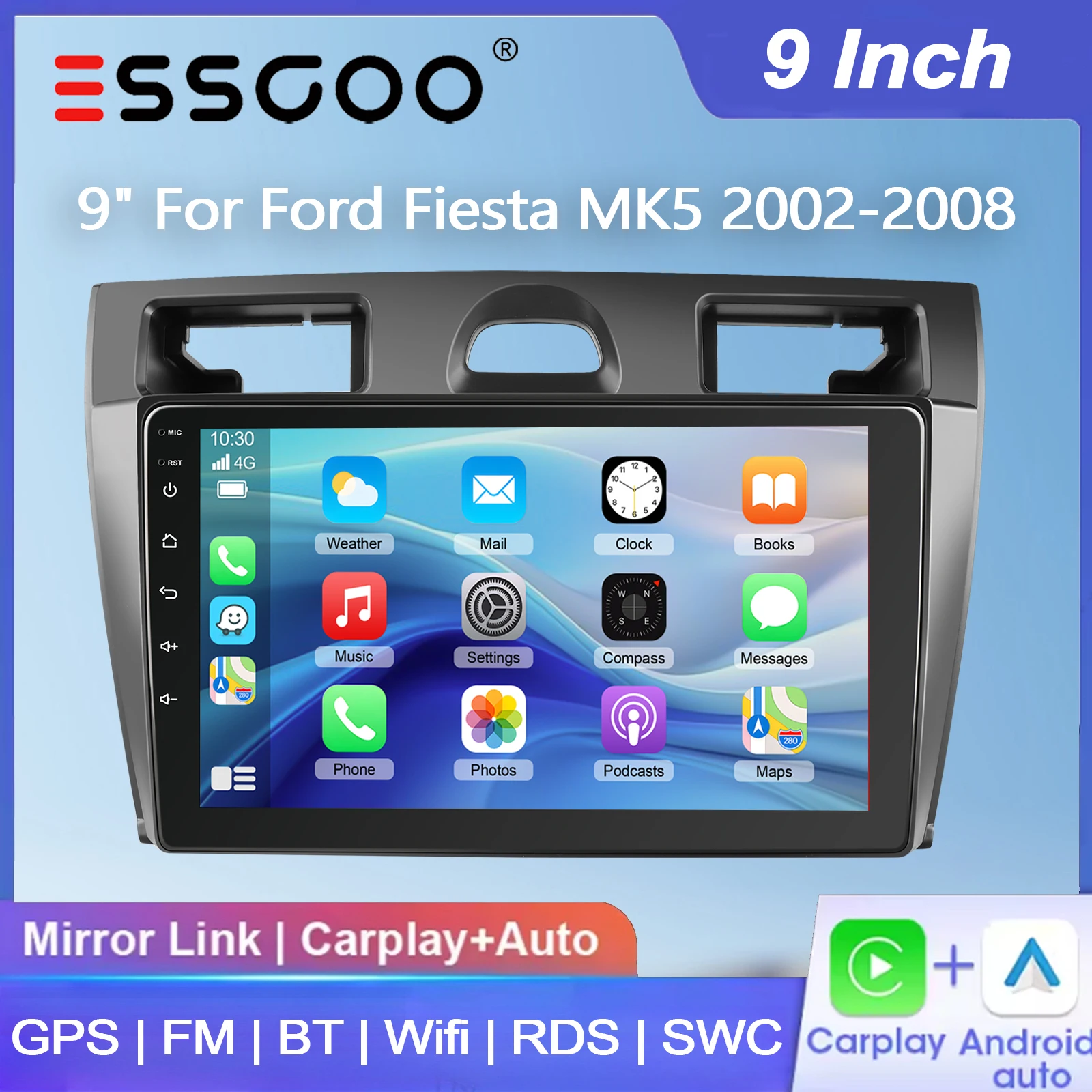 ESSGOO 9" Android 15 4+64G Wireless Carplay Android Auto für Ford Fiesta MK5 2002-2008 Autoradio GPS-Navigation FM BT WiFi RDS SWC Mirror Link ASP Multimedia-Videoplayer IPS-Touchscreen