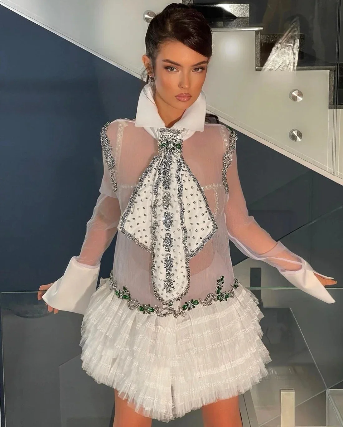 

Haute Couture Prom Dresses A-line Long Sleeves Beaded Saudi Arabia Dubai Robe De Soiree Evening Dress Gown Customized