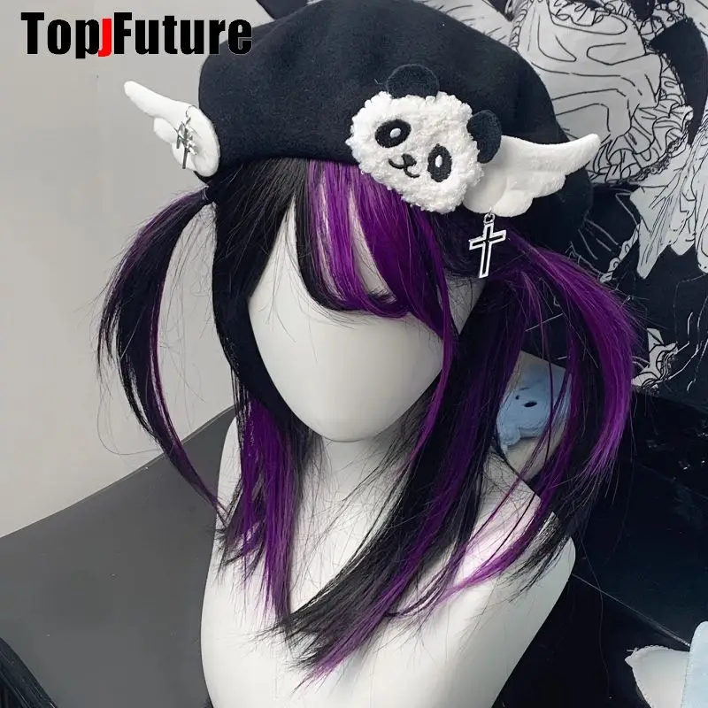 Harajuku Gothic Cute Furry bunny Faux Fur Y2k Punk Women Winter streetwear angel ear collar Protection Warm Beanie Hats Beret