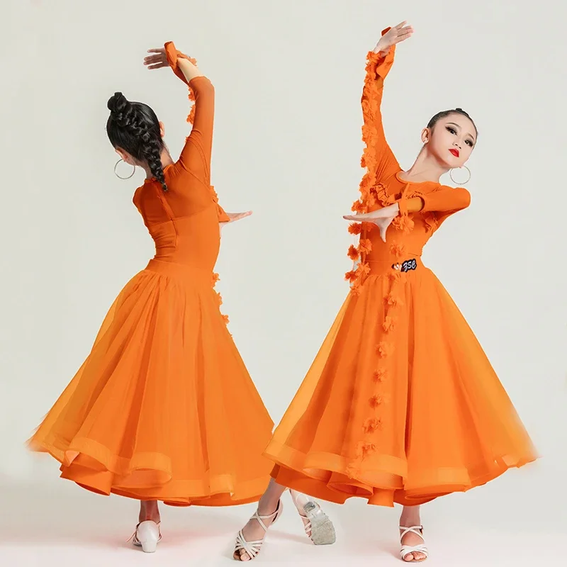 

3 Colors Waltz Ballroom Dance Competition Dresses Girls National Standard Latin Dance Dress Kids Stage Performance Wear SL9220