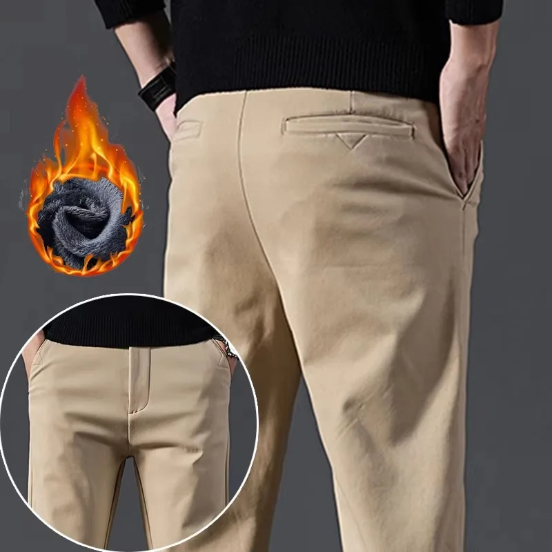 Men Plush Thicken Autumn Winter Casual Pants Male Concise Slim Fit Khaki Royal Blue Pants Trend Thermal Youth Business Trousers