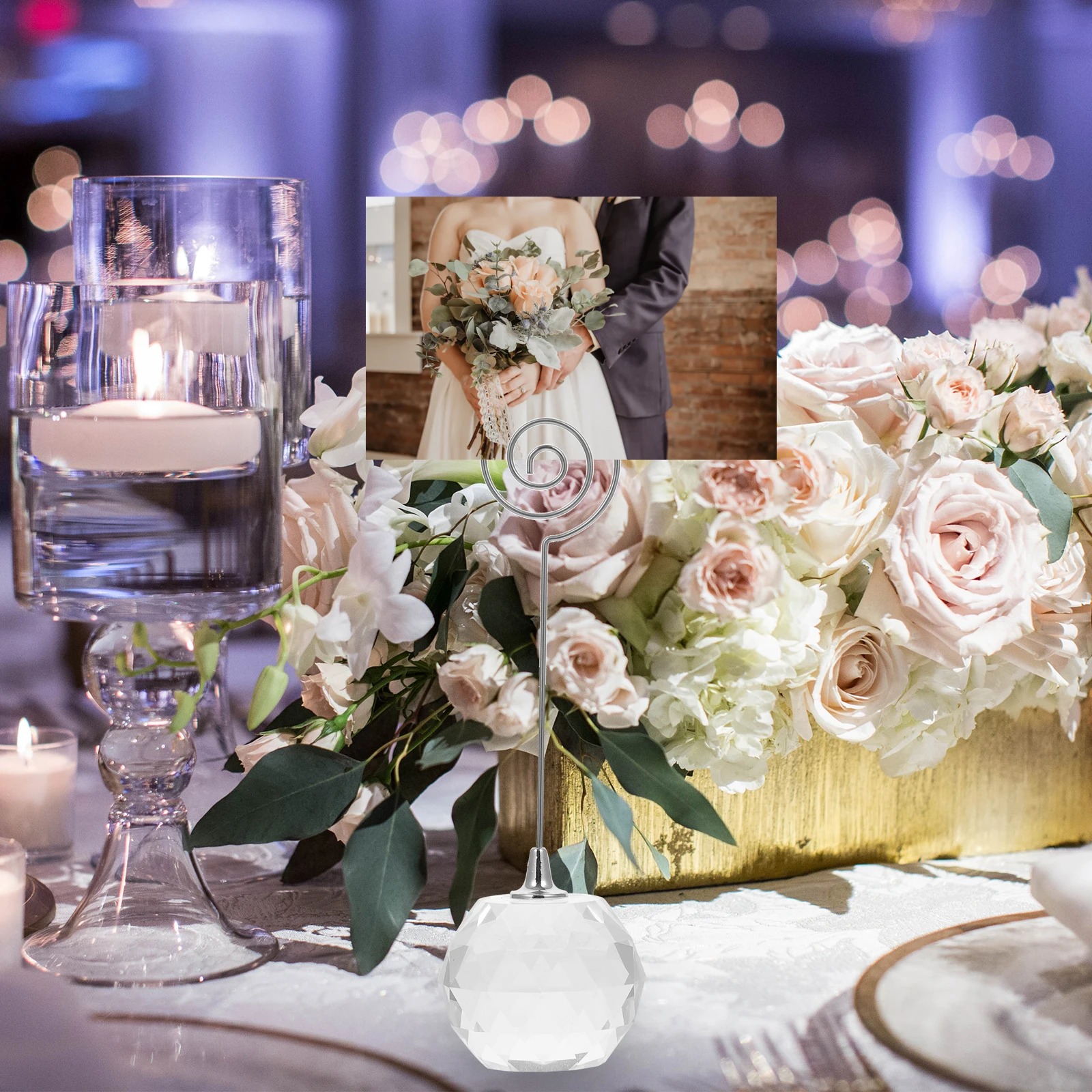 حامل بطاقة عمل كريستال ممتاز، حامل اسم الزفاف الإبداعي لعرض قائمة الصور المستقرة، ديكور طاولة أنيق لحفلات الزفاف