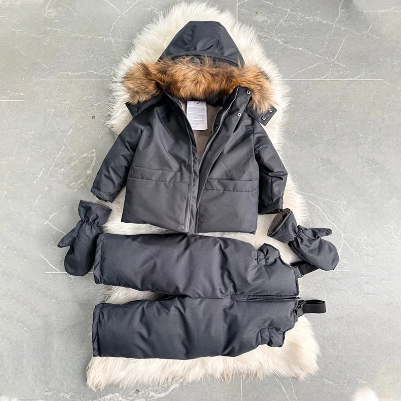 Kids Cotton Clothing Set 26 Winter New Black Fashion Thickened and Fleece Warm Boys and Girls Down Jacket Windproof Ski Clothing