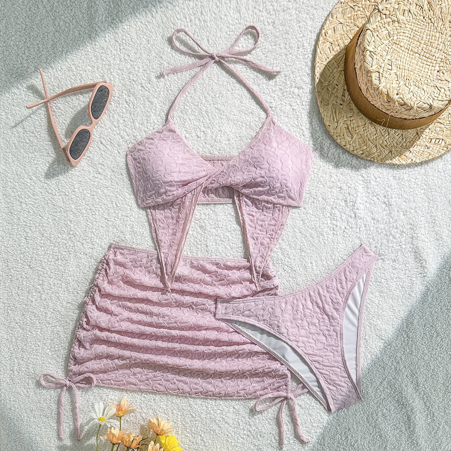 sexy plain knot bikinis sets 3pcs with drawstring tie wrinkled mini skirt swimwear bathing suit swimsuits tankini biquini