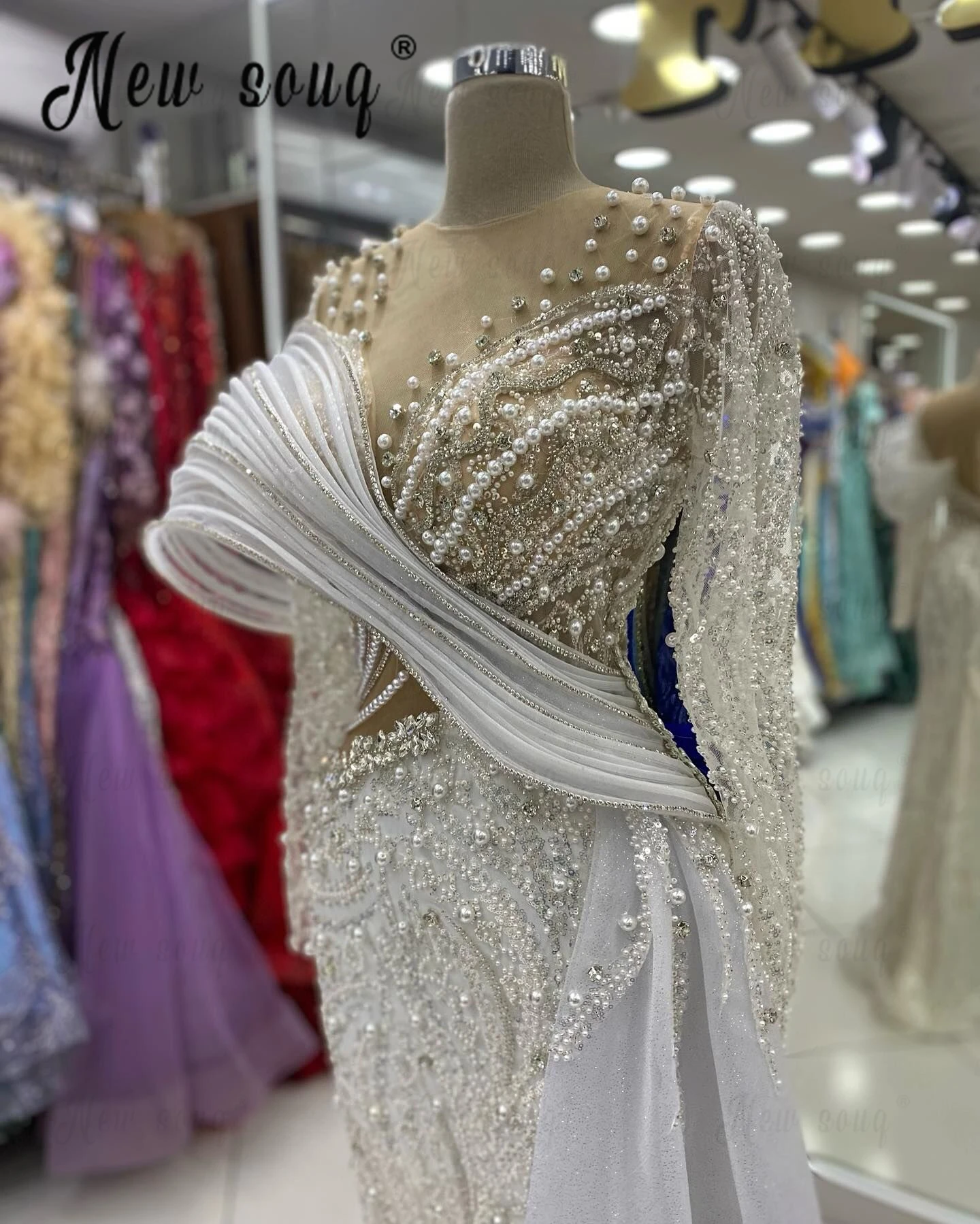 Vestido de novia blanco de manga larga con lentejuelas y cuentas para mujer, traje de novia de sirena fruncido, con sobrefalda lateral, Moderno