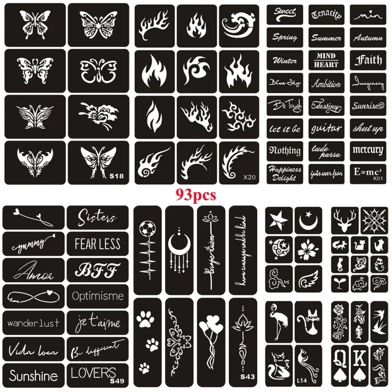 52-107pcs Glitter Temporary Tattoo Stencils Airbrush Henna Tatoo Stencil Kit for Women Men Kids Face Body Paint DIY Art Reusable