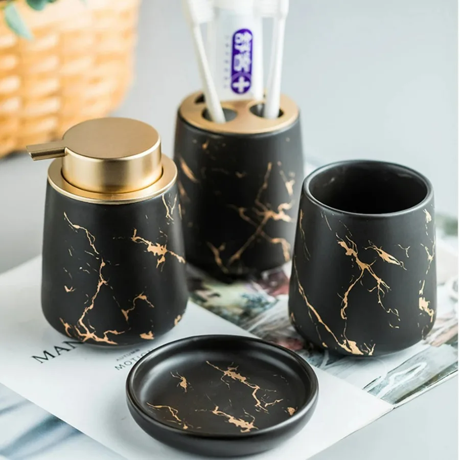 

Home Soap Dispenser Bathroom Wash Set Mouthwash Cup Soap Dish Toothbrush Holder Marbled Pattern Ceramic Bath Accessory Suit