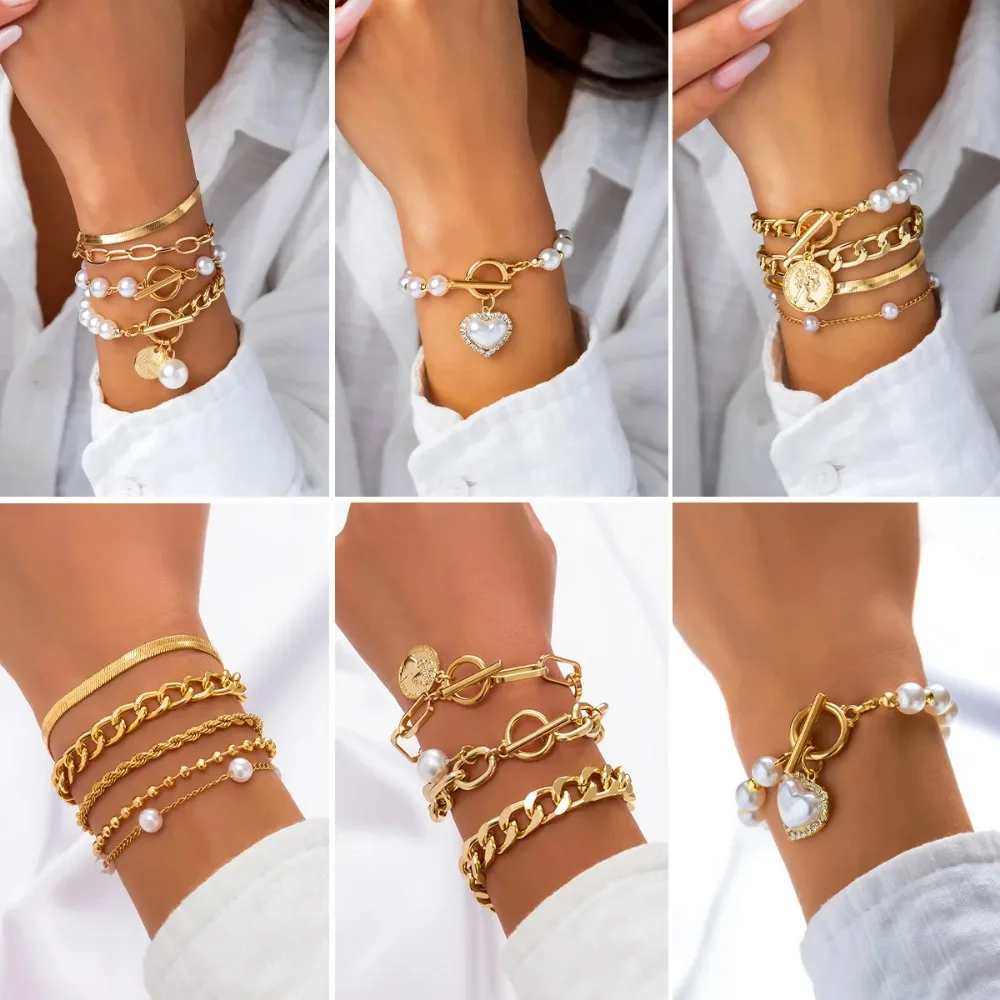 4pcs Set Imitation Pearl Chain Beaded Bracelet for Women New Temperament Gold Color Stainless Steel Bangle Jewelry Accessories