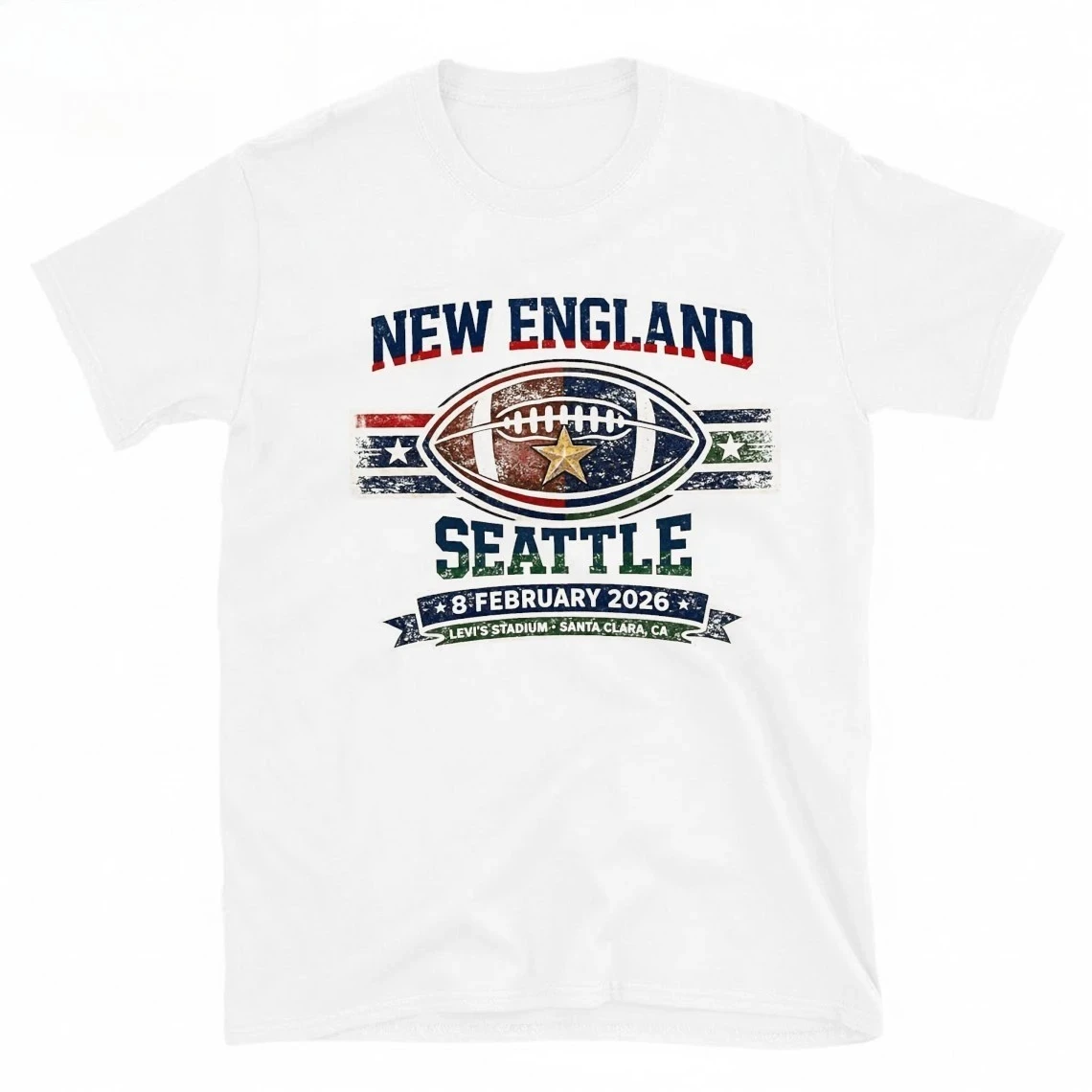 Camiseta Unissex 100% Algodão Super Bowl New England Patriots Vs Seattle Seahawks 2026 Verão Nova Camiseta Masculina de Manga Curta com Gola Redonda