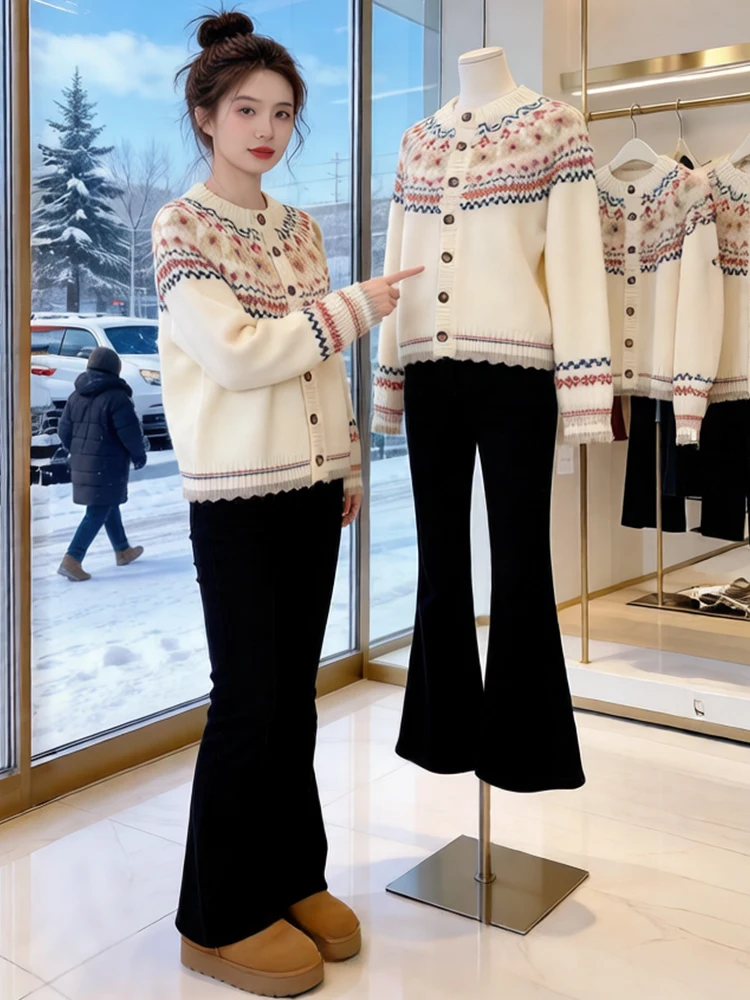 

Модный корейский вязаный свитер с круглым вырезом для женщин, с принтом, зимний кардиган, дышащий, удобный, для женщин среднего возраста