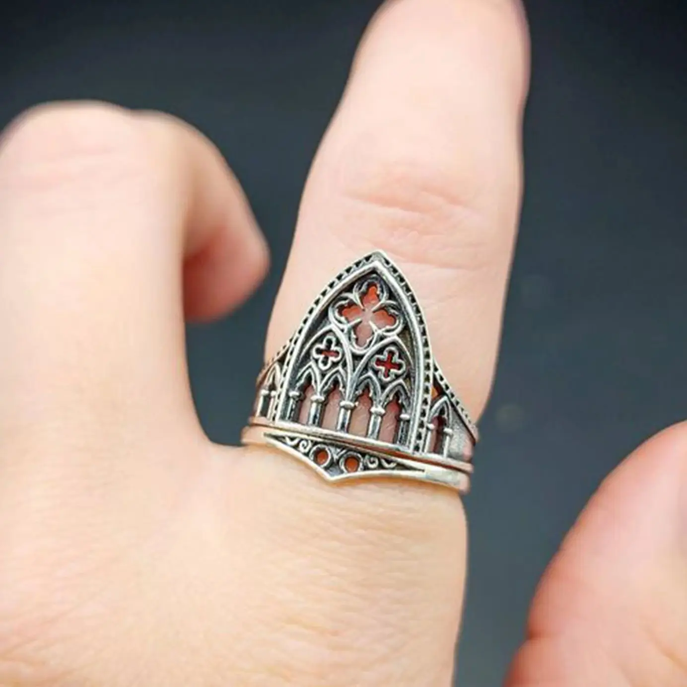 1pc Vintage Castle Architectural Style Hollow Out Flowers Geometry Gothic Metal Silver Color Open Ring Woman Party Prom