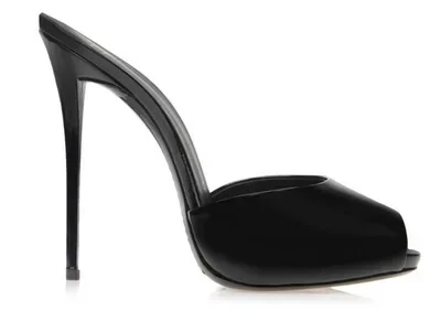 New Arrivals Women Solid Black Patent Leather Peep Toe Sandals Fashion Slip On Sky High Thin Heel Dress Shoes High Quality