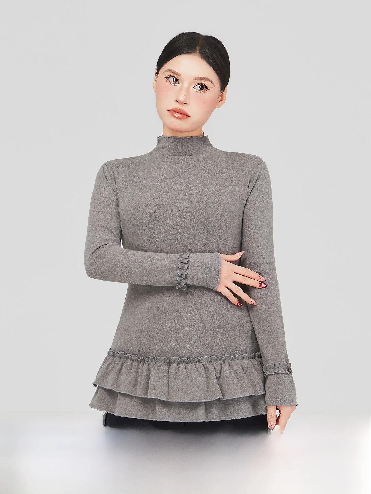 

Women's f High Collar Long Sve Base irt Spring Inner Wear Outerwear Flounce Large Size Comfortable Breathable