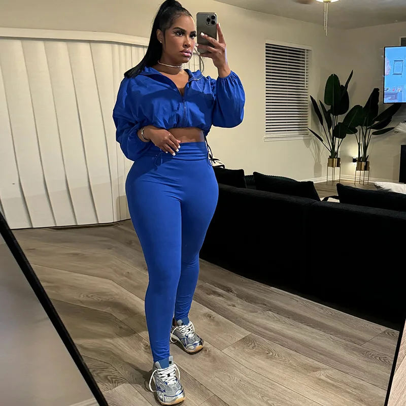 Tracksuits Women Solid Sports Two Piece Sets Zipper Drawstring Tops And Jogger Pants Skinny Sexy Gym Autumn Winter Lady Clothes