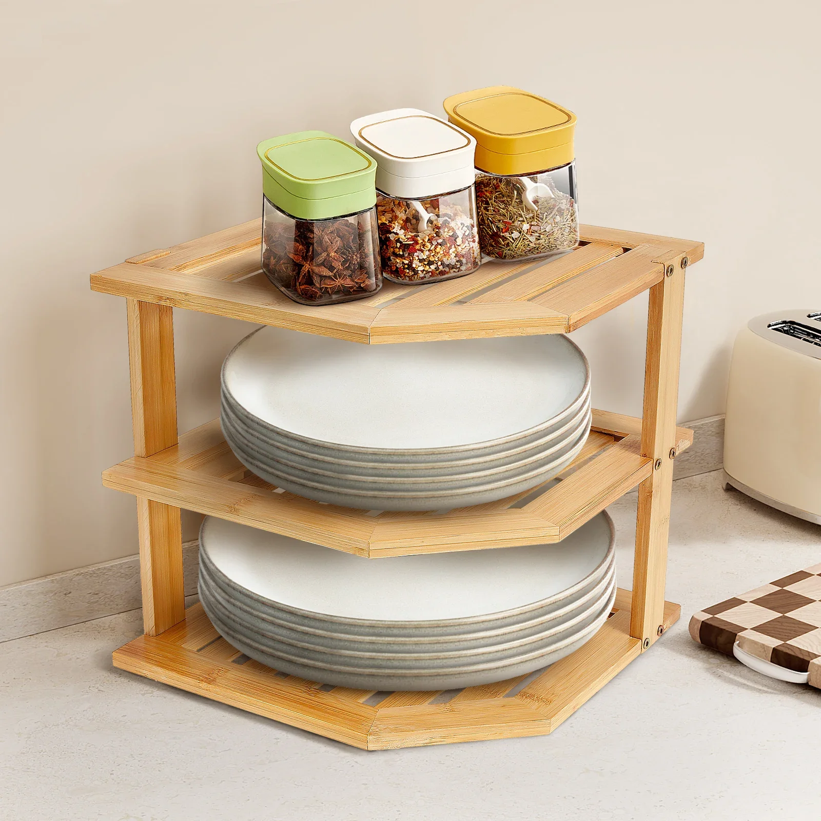 

3-х уровневый органайзер для шкафа, полка для хранения на кухне, прочный органайзер для тарелок, бамбуковая угловая полка, полка для посуды для столешницы шкафа