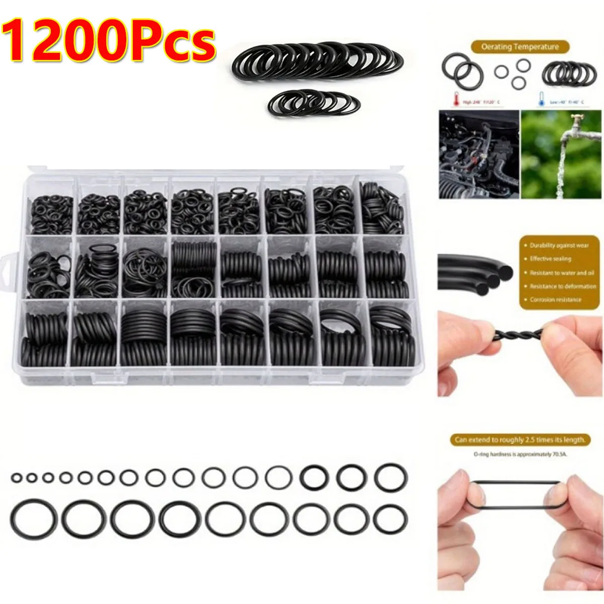 1200Pcs Rubber O-ring Gaskets Seal Ring Set Nitrile Rubber Waterproof Oring Sealing Elastic Band O Rubber Rings O-Rings Set DIY