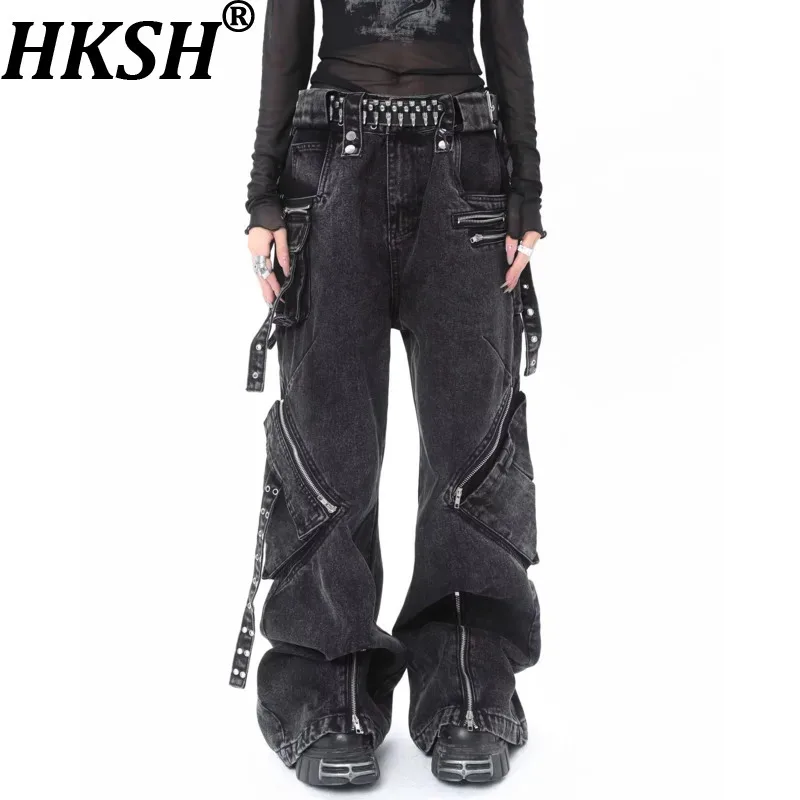HKSH Women Jeans American Style Retro Multi-Pocket Zipper Design Versatile Safari Style Hip Hop Trendy Niche Denim Pants HK20454