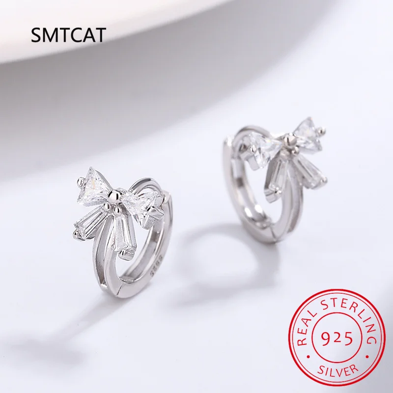 

925 Sterling Silver Shine Zircon Sweet Korean Bowknot Huggies Hoop Earrings for Women Cute Teen Birthday Party Jewelry Gift
