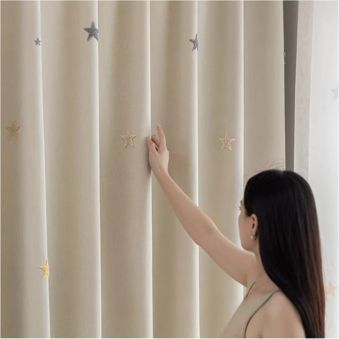 Custom Size Cream Style Star Embroidered Blackout Curtains Kids-children Decor Luxury Curtains for Living Dining Room Bedroom