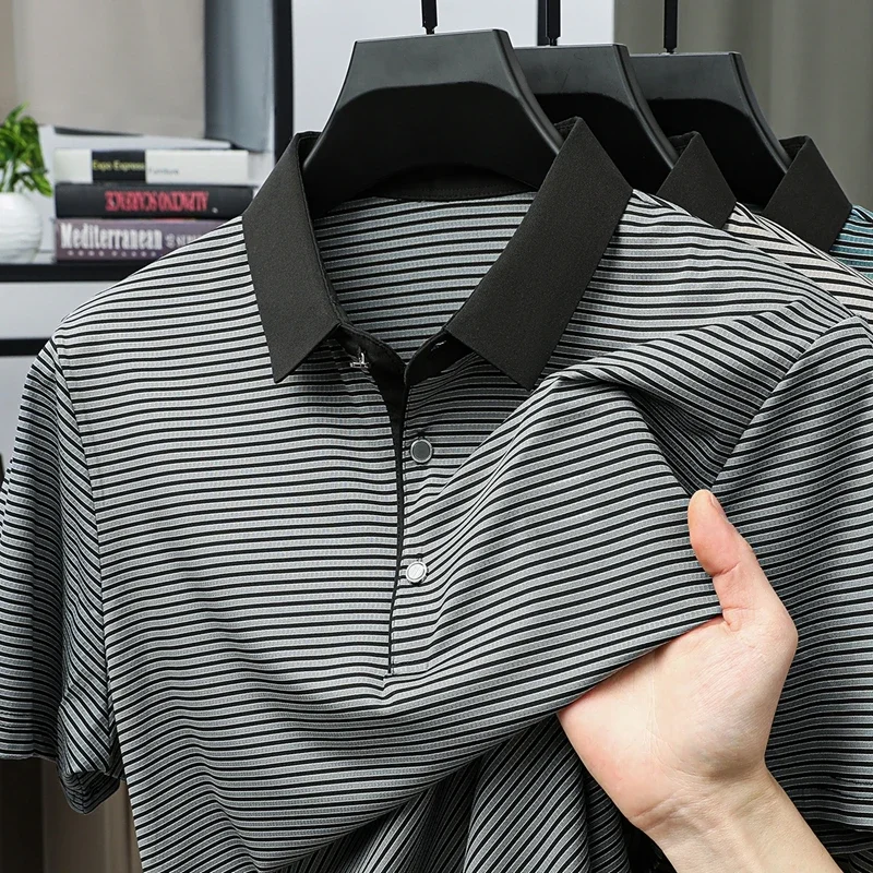 

TFETTERS Brand 2025 Summer Oversized T-shirts Men Soft Thin Striped Short Sleeve Lapel Collared Tshirt Man Designer Clothes