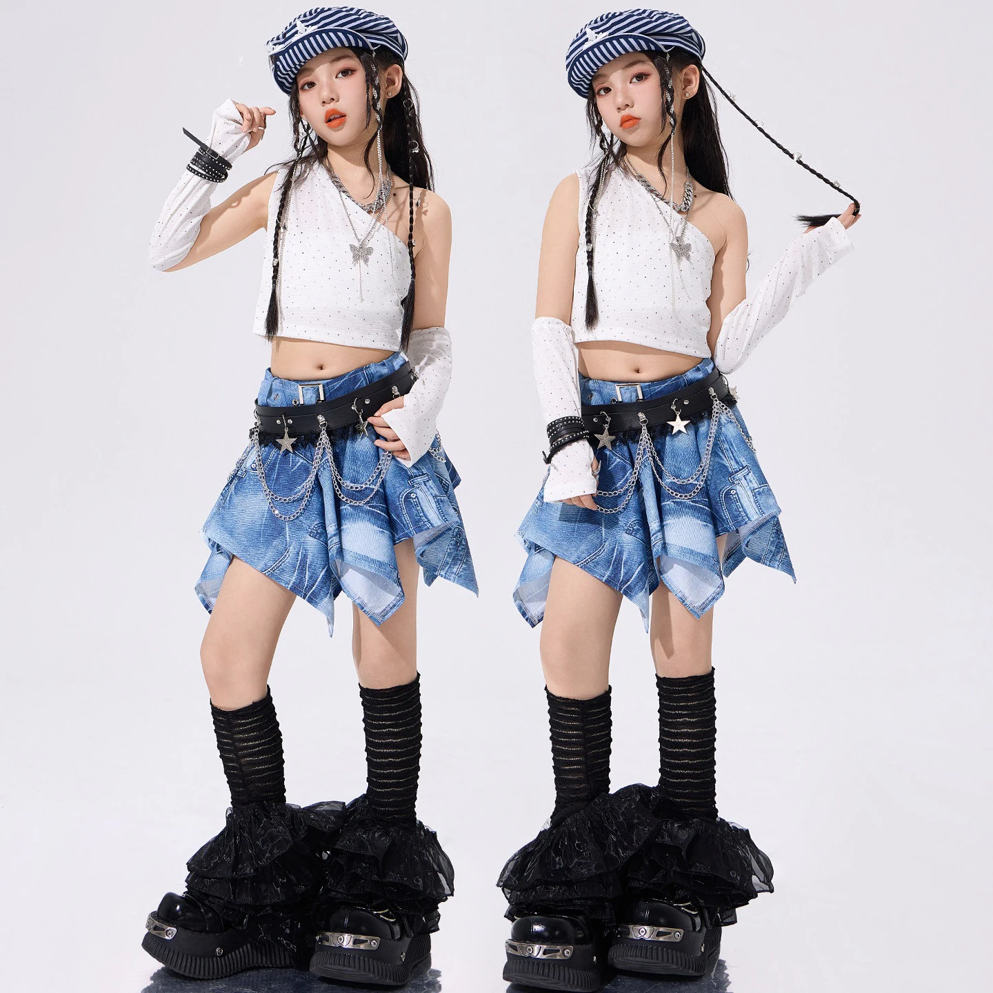 

Одежда в стиле джаз для девочек, летний костюм для чирлидинга, белые топы, синяя асимметричная юбка, современный танцевальный костюм для выступлений