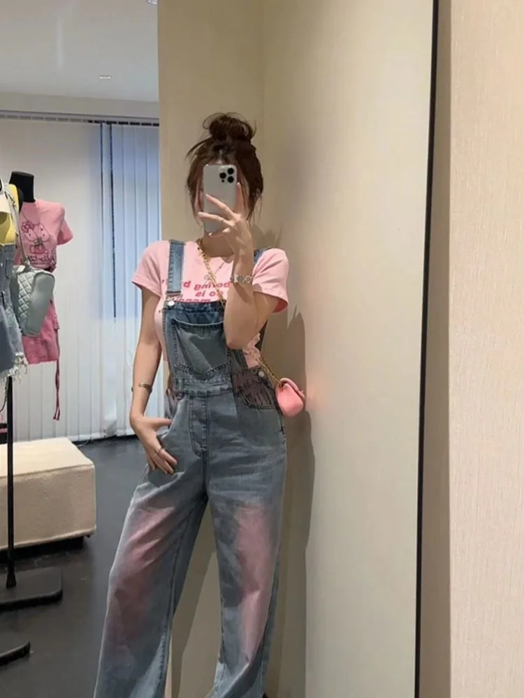 Women's Jeans High Waist Straight Loose Washed Wide Leg Female Denim Pants 2024 Spring New Fashion Tie dyed suspender pants