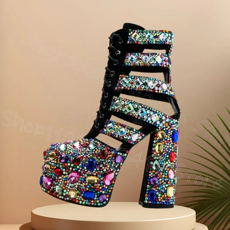 

Colorful Crystal Hollow Design Strappy Platform Boots Back Zipper Women Shoes Chunky High Heels Banquet 2026 Zapatos Para Mujere