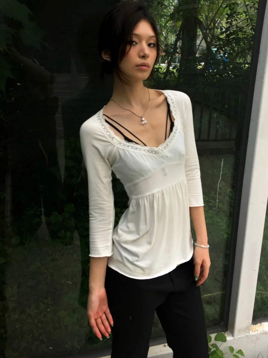 2026 Summer Women Top Lace Trim Square Neck Half Sleeve Blouse Japanese Sexy Style Women Casual Streetwear Tee Y2K Vintage