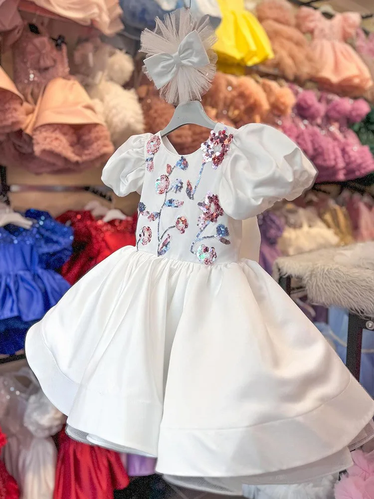 

Satin Puff Sleeve Princess Dress2025Summer New Toddler Baby Flower First Birthday Dress Girl Wholesale