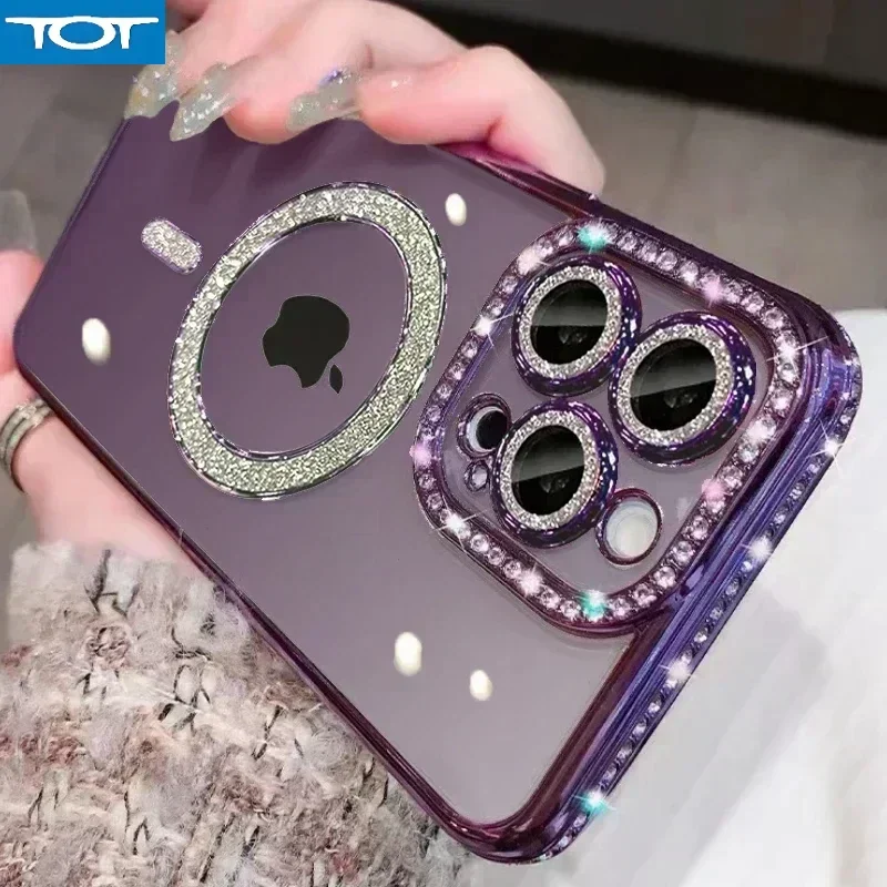 Прозрачный чехол для телефона с блестящими кристаллами для iPhone 16, 15, 14, 11, 12, 13 Pro Max Plus для Magsafe, магнитная пленка для беспроводной зарядки объектива