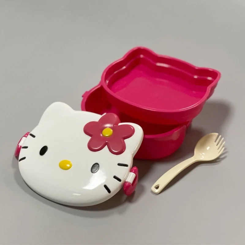 Hello Kitty Lunch Box Double Plastic Cartoon Anime Student Fruit Box Sealed Portable Girl Picnic Storage Container Cutlery Cute