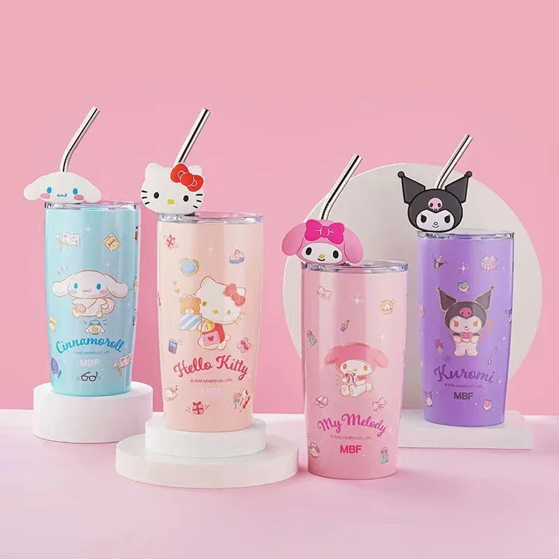 

Sanrio Kawaii Hello Kitty Water Cup Cartoon 600ml Stainless Steel Straw Coffee Cup Kuromi Large Capacity Thermos Cups Cute Gifts