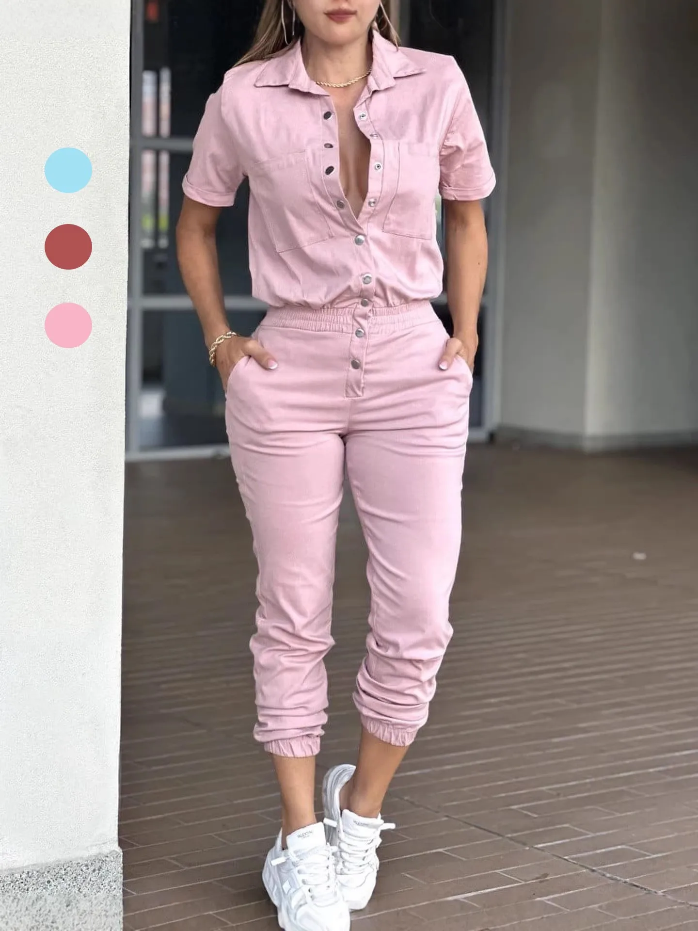 

Осенний женский комбинезон с эластичной талией, на пуговицах спереди, с длинными рукавами, из полиэстера, комфортный крой