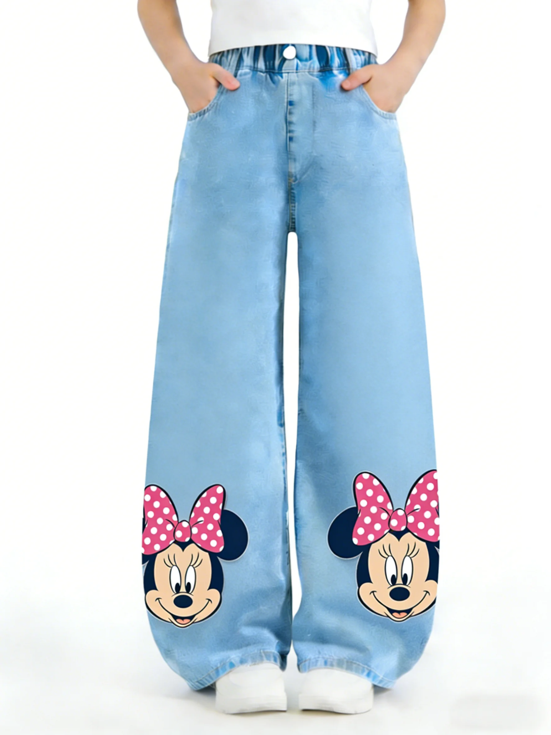 

Новые осенние джинсовые брюки для девочек Disney с принтом Микки и Минни, дышащие свободные детские брюки прямого кроя