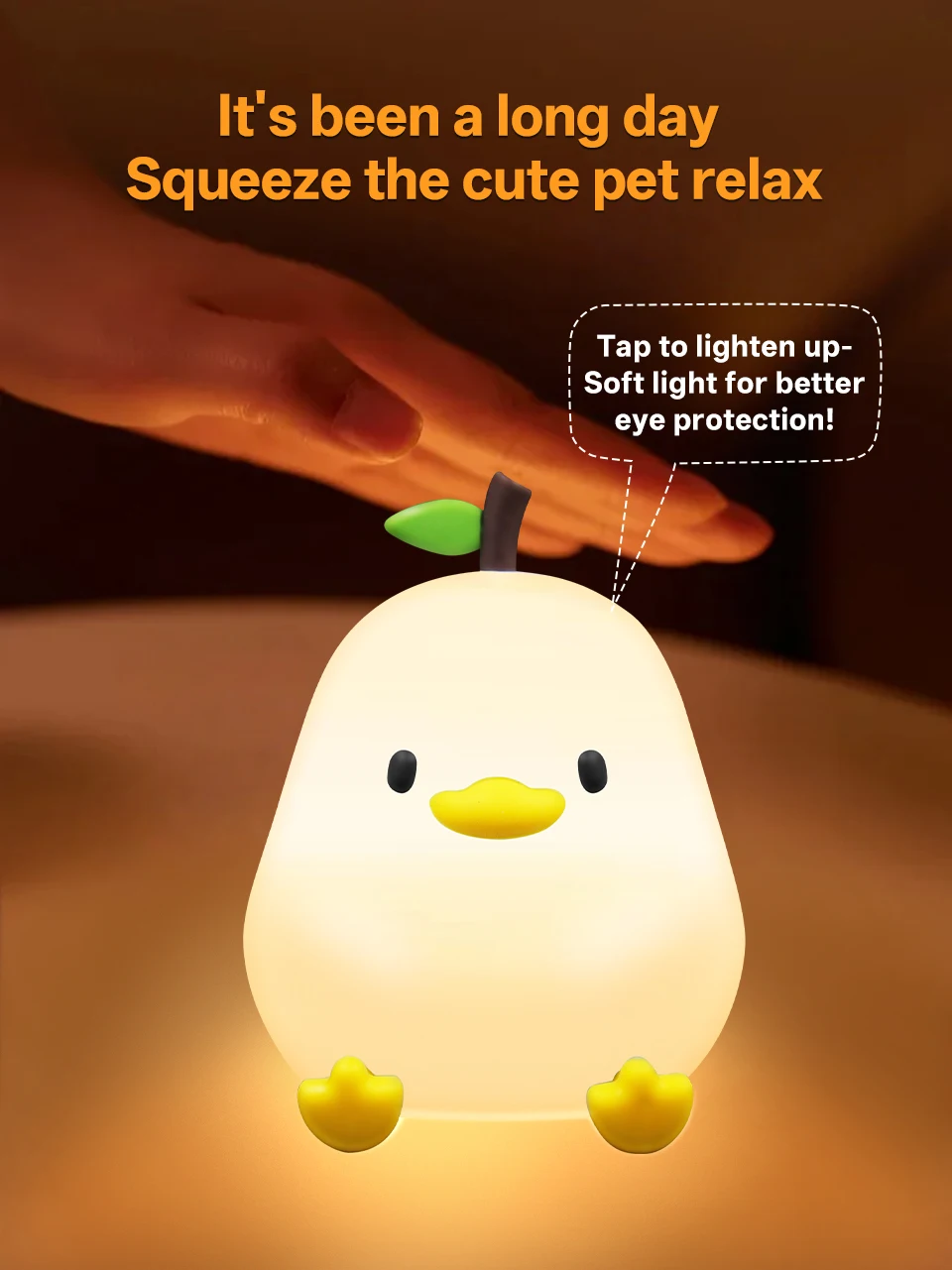 KFV Cute Pear Night Light 7-Color Dimmable Touch-Controlled Night Light Silicone Stress Reducing Pat Duck Lamp USB Rechargeable