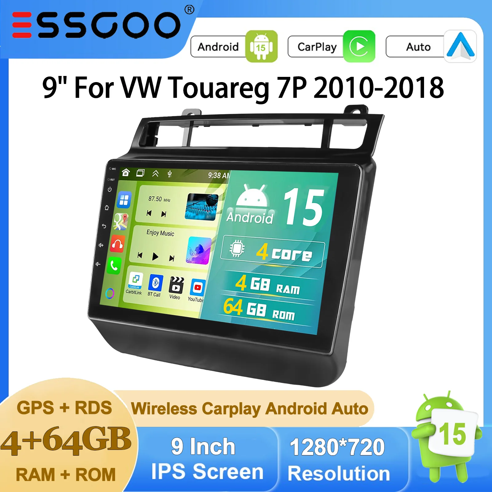 Autoradio ESSGOO Android 15 9 Zoll für VW Touareg 7P 2010-2018 Drahtloses CarPlay GPS Navigation FM Bluetooth WiFi USB Lenkradsteuerung RDS Mirror Link IPS Touchscreen Multimedia Video Player
