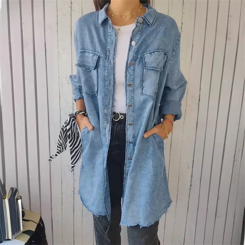 Spring Autumn Long-sleeve Denim Outerwear Women New Multi Pocket Single-breasted Cardigan Long Jacket Female Vintage Casual Coat