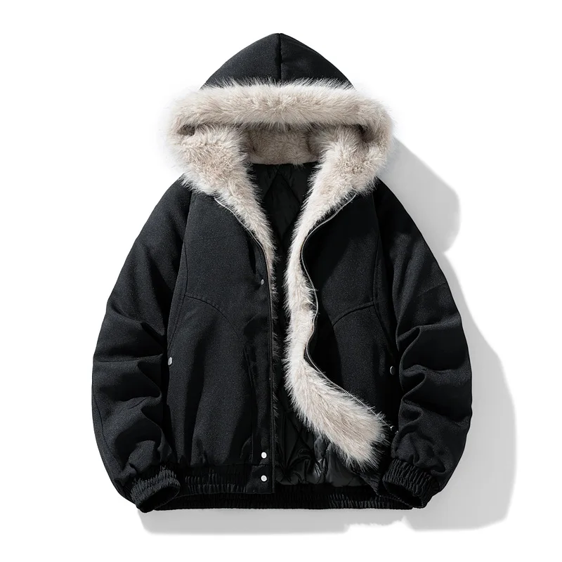 

Men's Fashion Oversized Hip Hop Overcoat Winter Cotton Padded Thick Warm Jacket Hooded Faux Fur Lined Outerweat For Male
