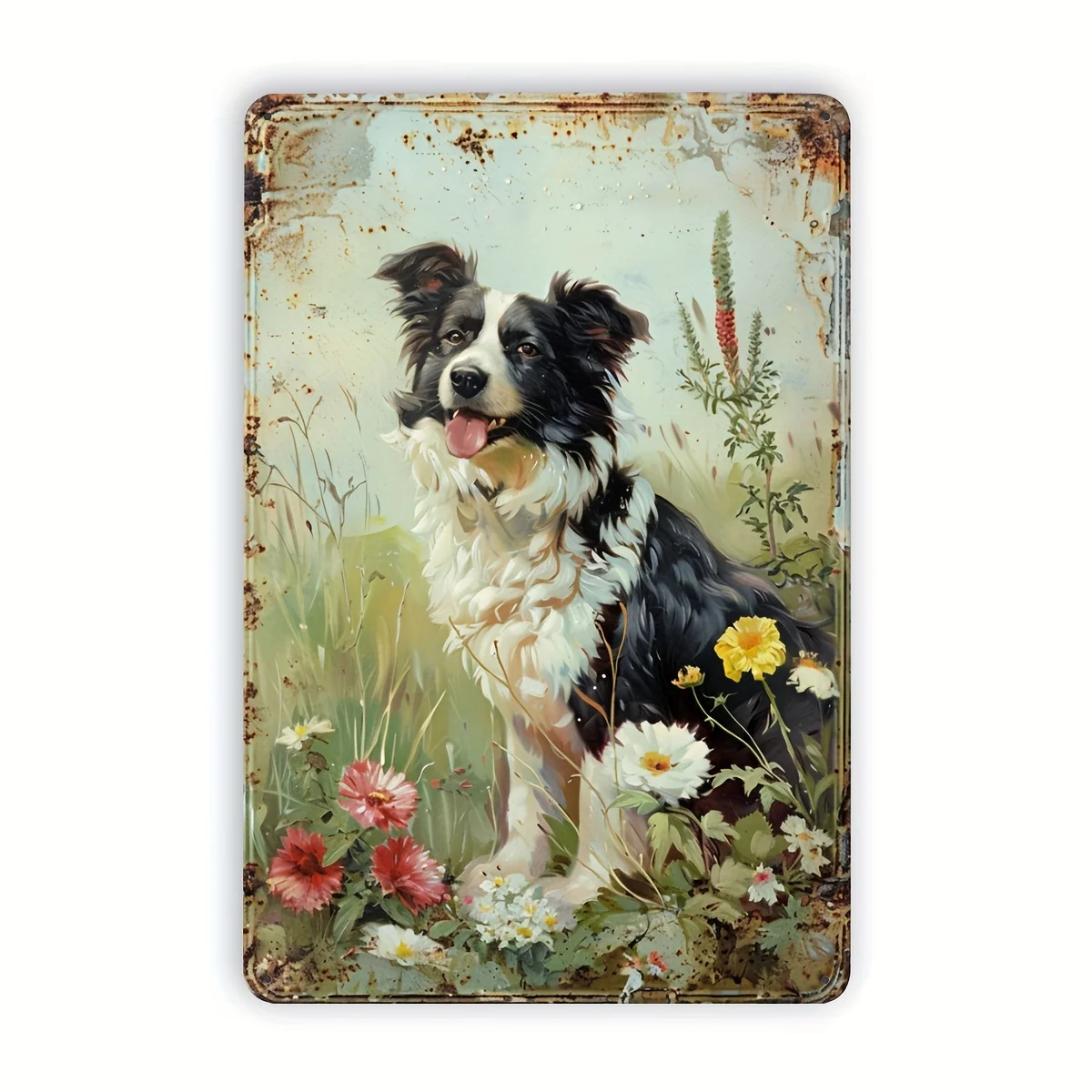 [Vintage Metal Sign] Rustic Vintage  Border Collie Dog and Wildflowers Tin Sign | es, Wall Art for Home, Bar, Cafe, Gym, Garage,