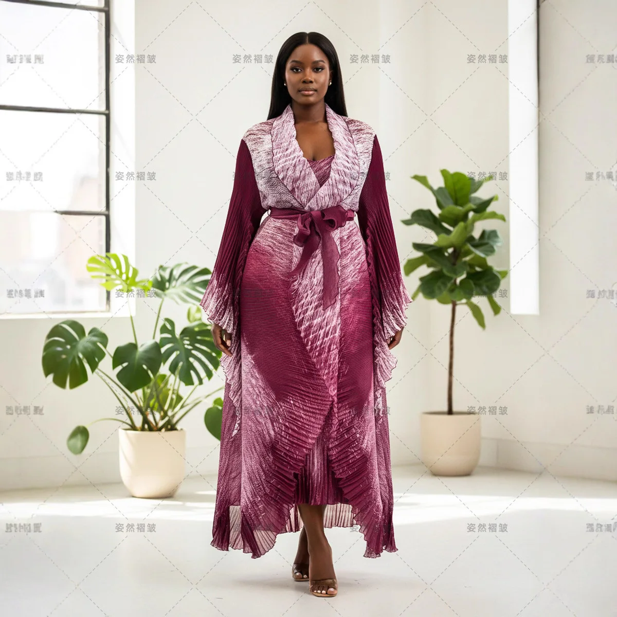 

Miyake Pleated Women's Suit Dress 2025 Autumn and Winter New Temperament Printing Cape Halter Fashion Dress Two Sets Pleated