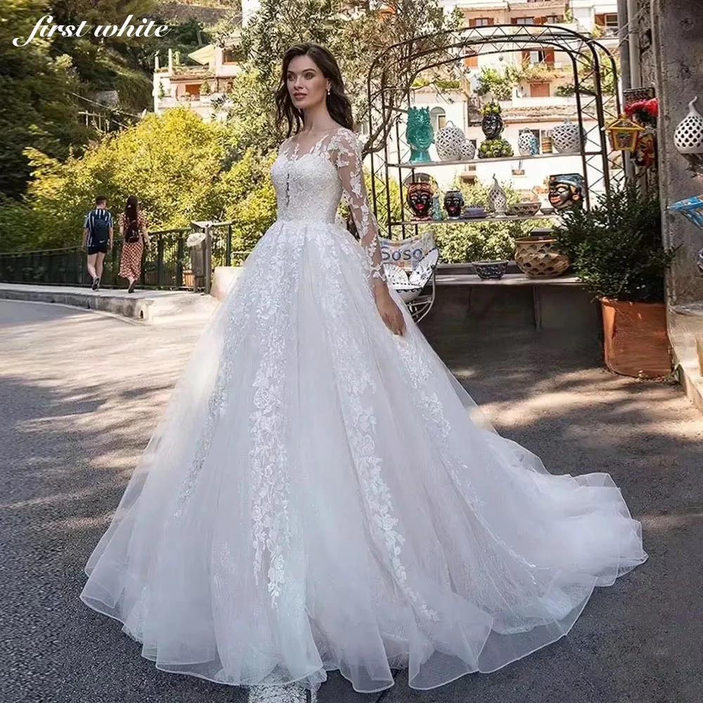 

Customized Illusion Long Sleeves Scoop Wedding Dress Lace Appliques Robe de Mariée Beading Tulle Women Vestido De Noiva