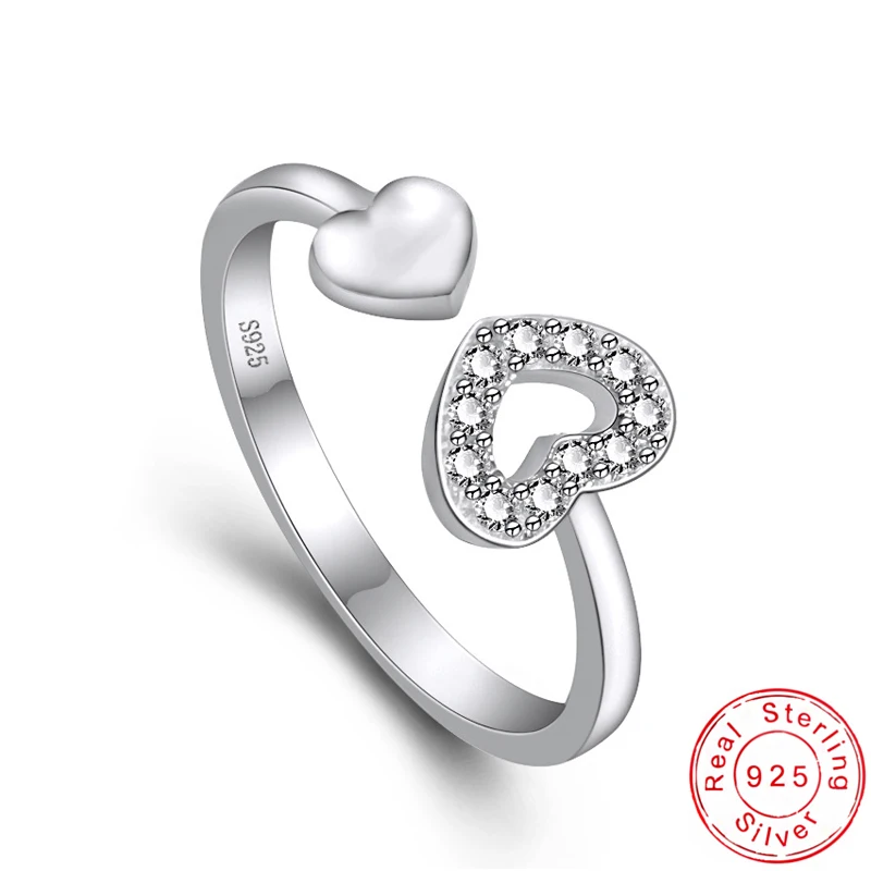 925 Sterling Silver Fashion Double Heart Rhinestone Adjustable Open Ring Women's Jewelry Birthday Gift Shiny Zircon Finger Ring