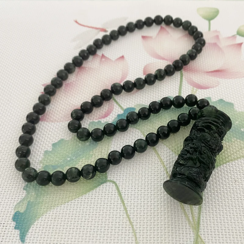 

Dark Green Jade Dragon Column Pendant Exquisite Retro Natural Xiuyu (Xiuyan Jade) for Ladies