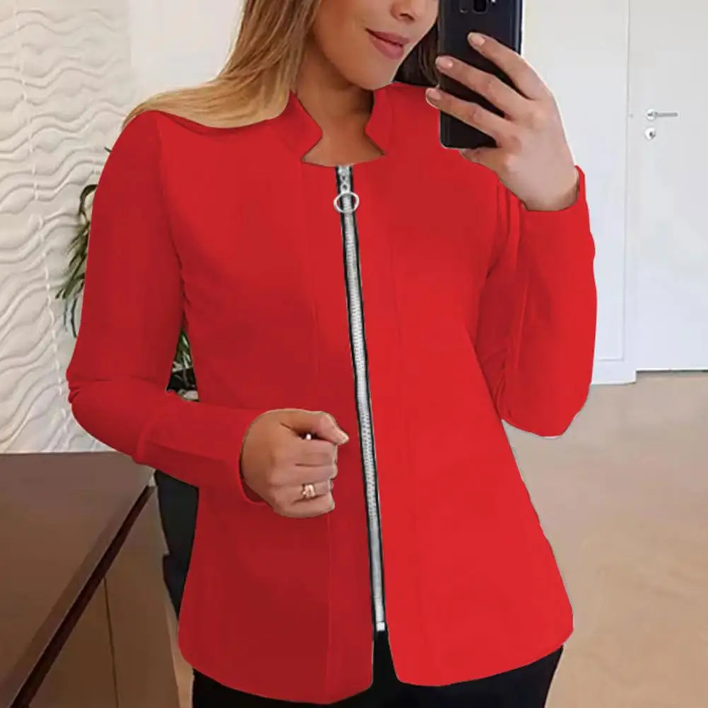 Features: Classic short suit, loose fit, solid color, stand collar cardigan, zipper, long sleeves, casual work office jacket.