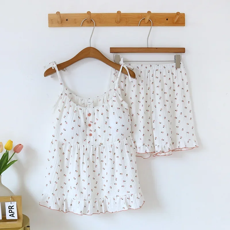 

2025 Japanese Summer New Women's Pajama Set 100% Cotton Crepe Cloth Ladies Suspender+Shorts Two Piece Home Furnishing Set